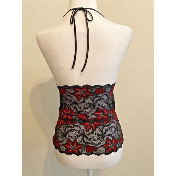 Fredericks of Hollywood Lace Halter Top Y2K Black & Red Floral Size M - Picture 3 of 4